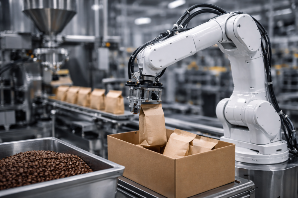 robot z firmy produkcyjnej w trakcie pracy